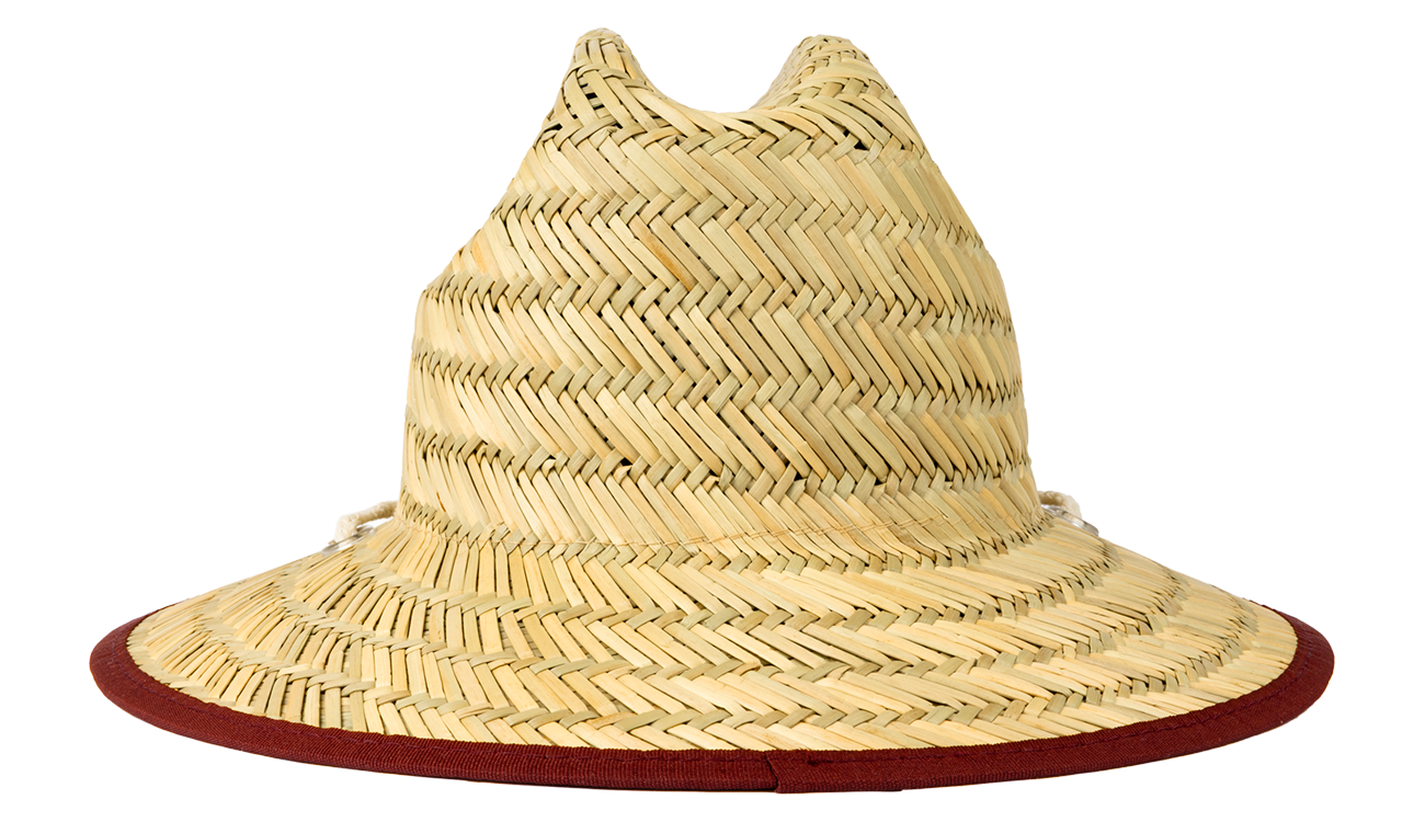 Stylish straw sun hat with a wide brim and maroon trim, perfect for infants and toddlers. Ideal for outdoor adventures.