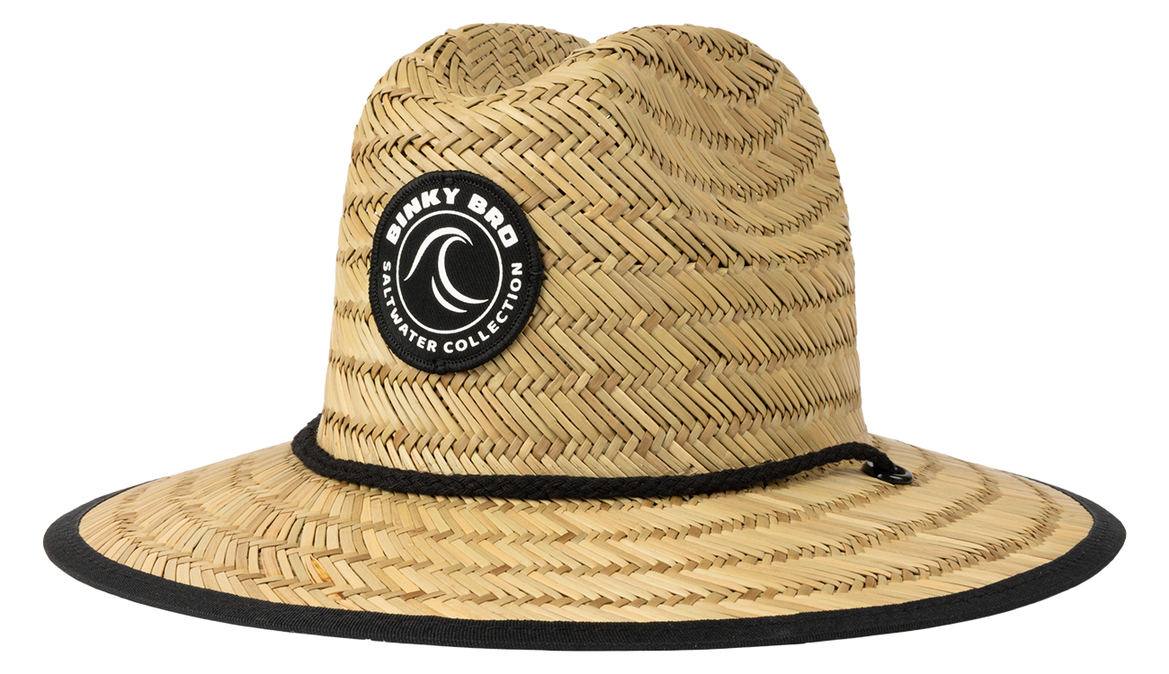Stylish straw sun hat from BinkyBro featuring a black logo patch, perfect for outdoor adventures and sunny days.