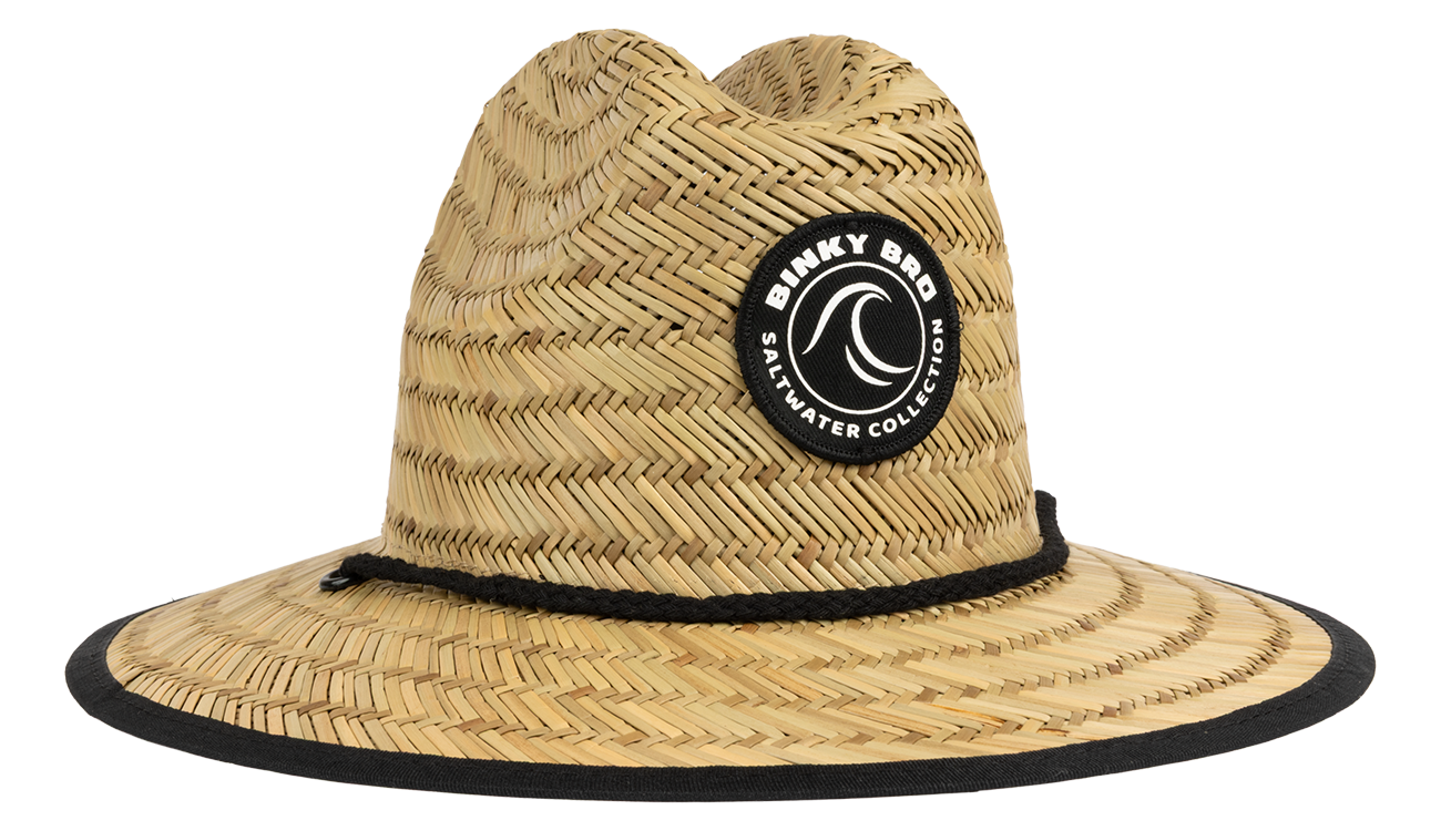 Stylish straw sun hat from BinkyBro featuring a black logo patch and a wide brim for sun protection. Perfect for kids.