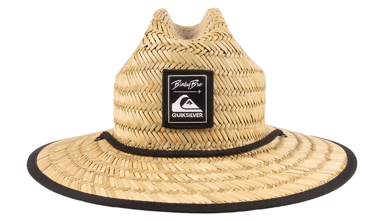 Stylish straw sun hat featuring a black BinkyBro and Quiksilver logo, perfect for outdoor adventures.