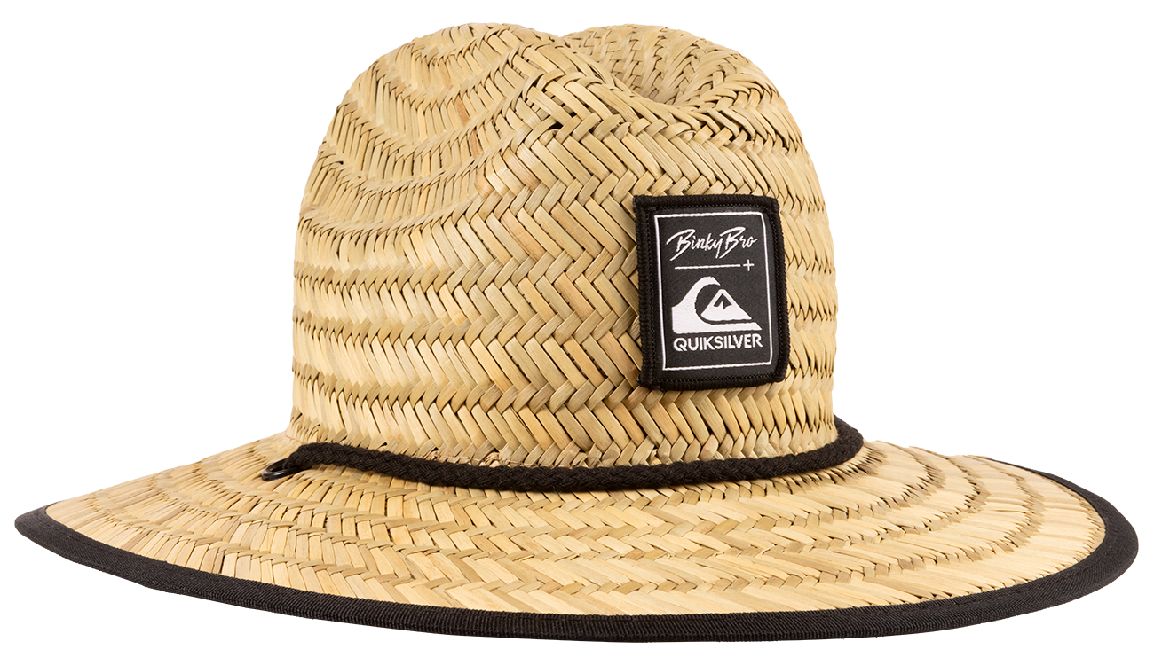 Stylish straw sun hat featuring a black BinkyBro and Quiksilver logo, perfect for outdoor adventures.