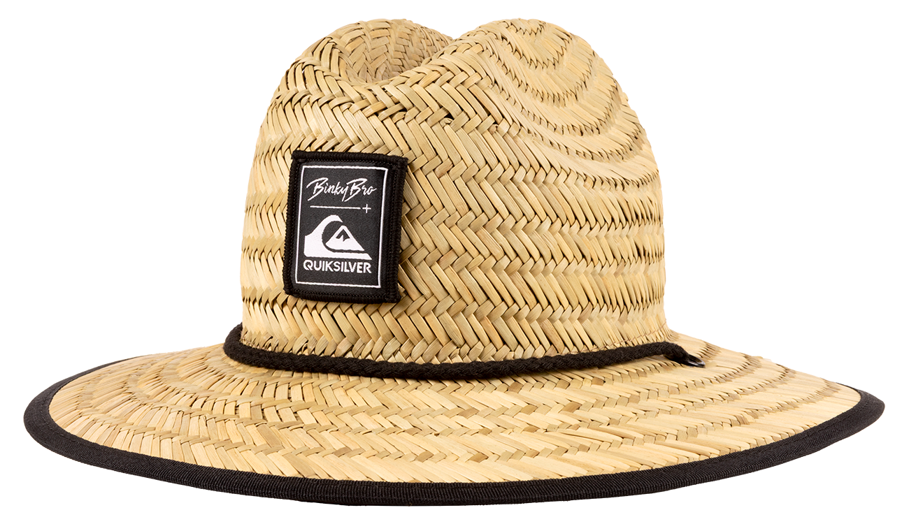 Natural straw sun hat with a wide brim and a black Quiksilver patch, perfect for stylish sun protection for kids.