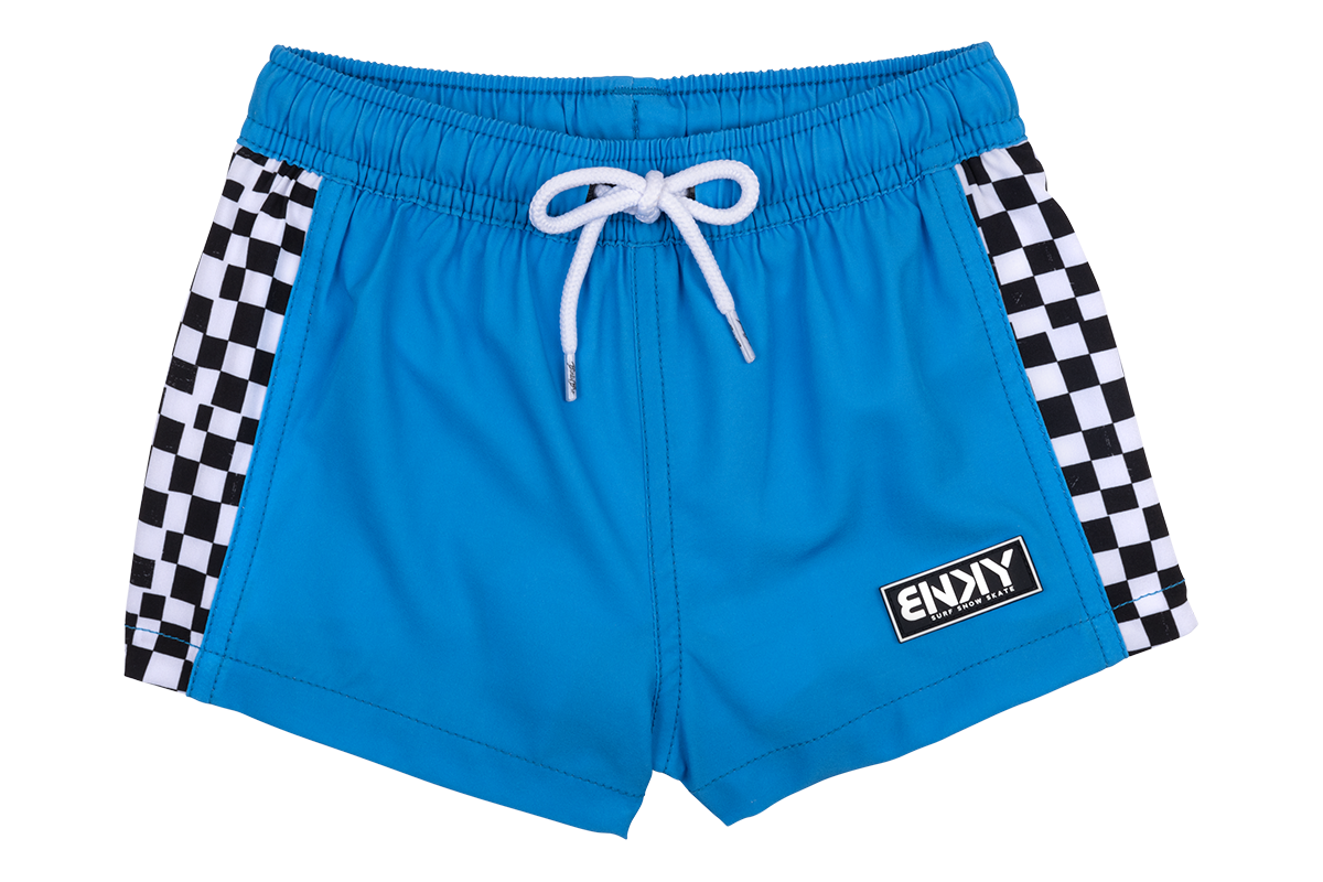 Blue swim shorts featuring a checkered pattern on the sides and a drawstring waist, perfect for active youth.