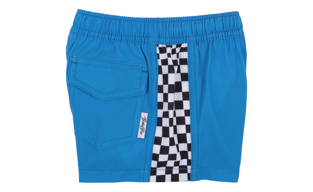 Blue swim shorts featuring a checkered side panel and a back pocket, perfect for active kids. Ideal for summer fun.