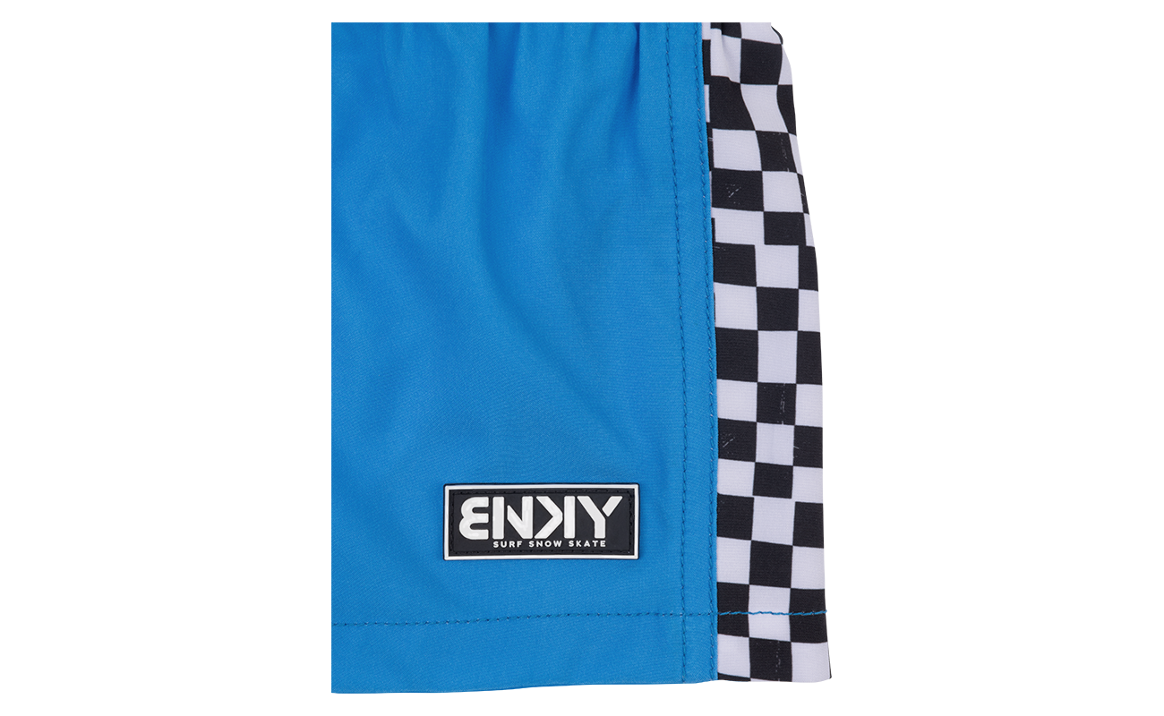 Blue Harada shorts featuring a stylish checkerboard pattern on the side, perfect for active kids.