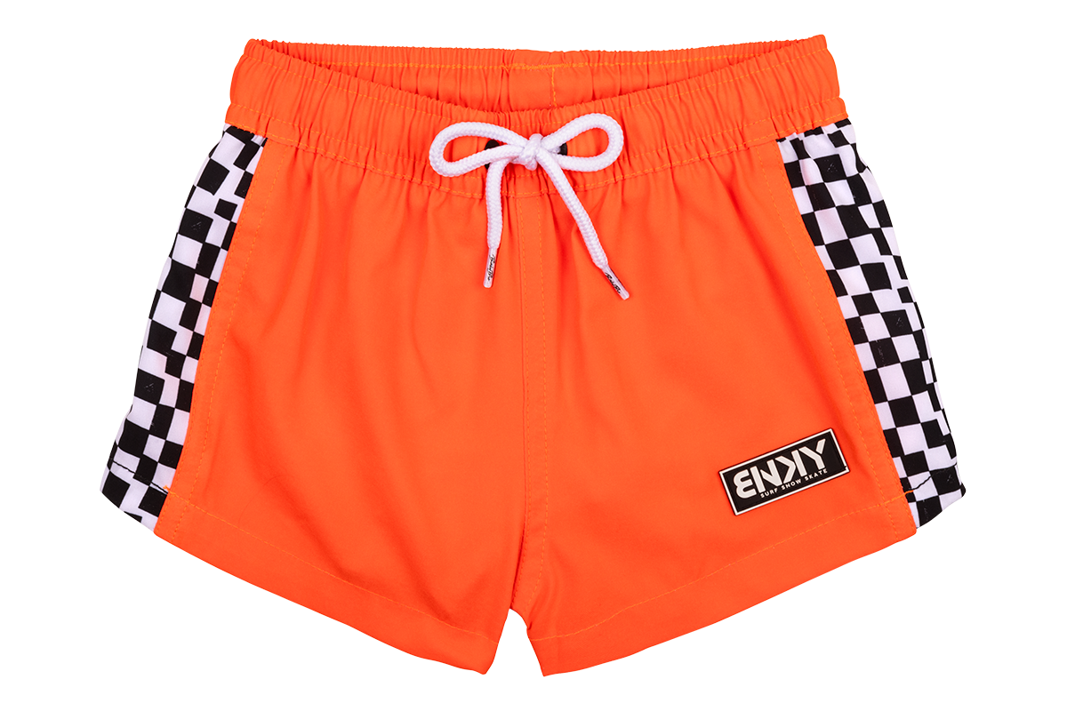 Bright orange swim shorts featuring black and white checkered side panels and a drawstring waist, perfect for active youth.
