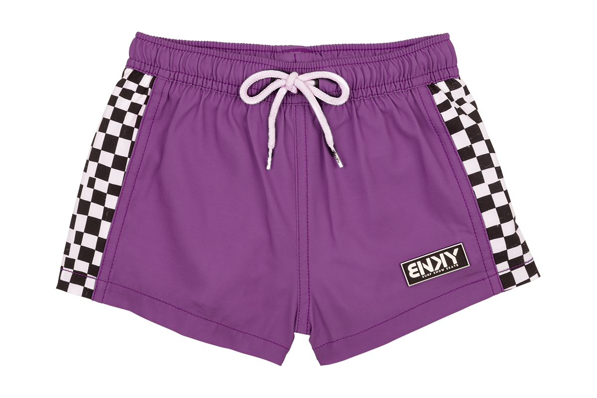 Purple swim shorts featuring checkered side panels and a drawstring waist, perfect for stylish summer fun.