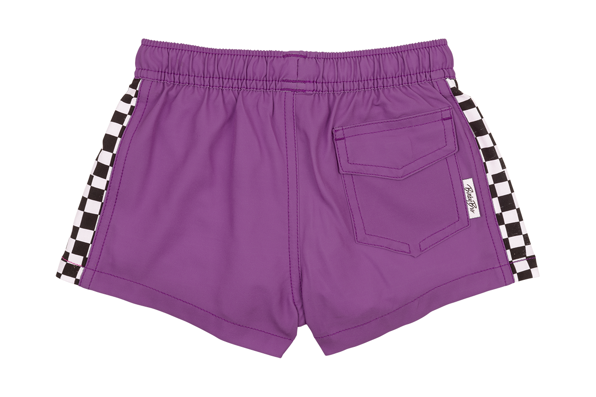 Purple swim shorts featuring a checkered side design and a back pocket, perfect for stylish summer adventures.