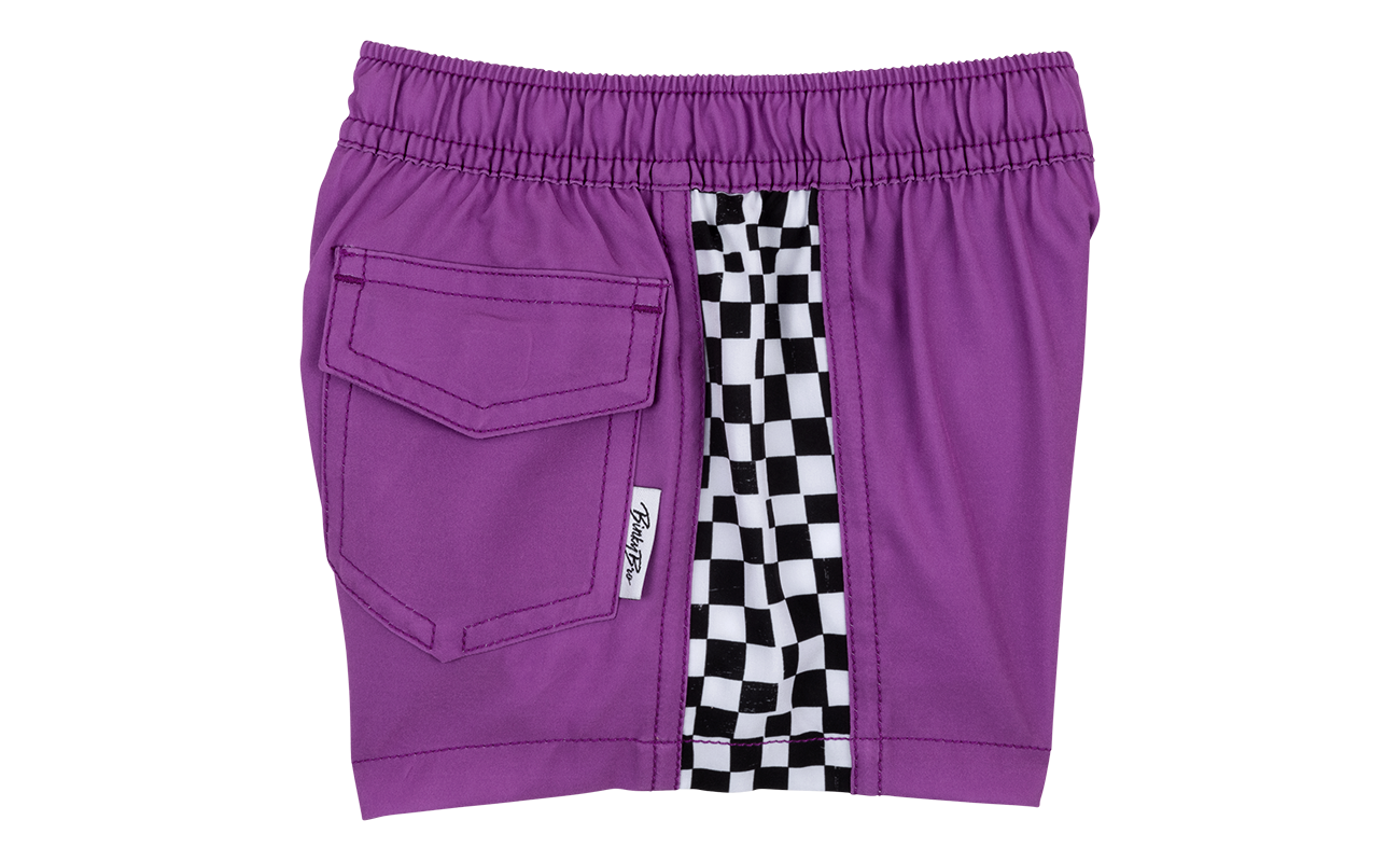 Purple shorts featuring a checkered side panel and a back pocket, designed for stylish comfort in active play.