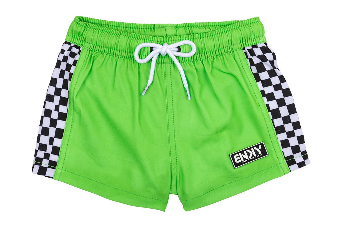 Bright green swim shorts with black and white checkered side panels and a white drawstring. Ideal for active kids.