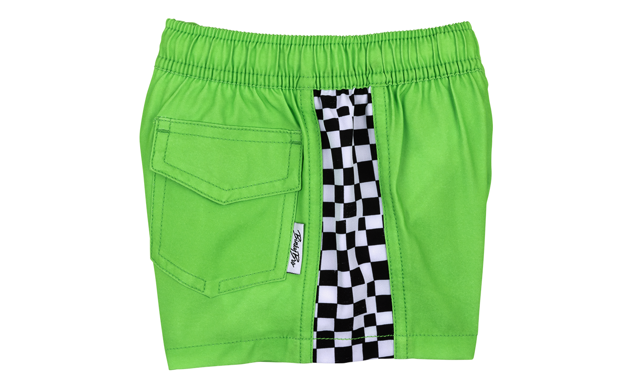 Bright green shorts featuring a checkered side panel and a back pocket, perfect for active kids. Stylish and comfortable.