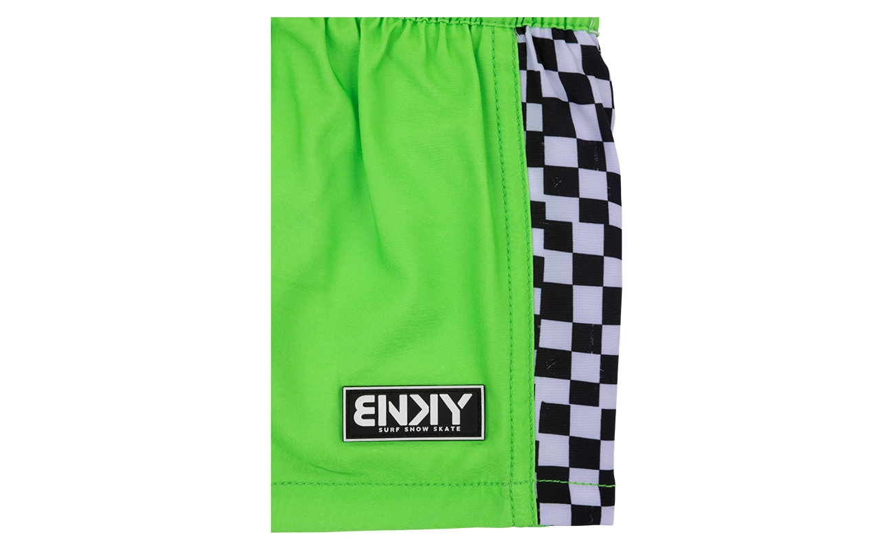 Bright green swim shorts featuring a black and white checkered side panel and a stylish logo patch. Perfect for active kids.