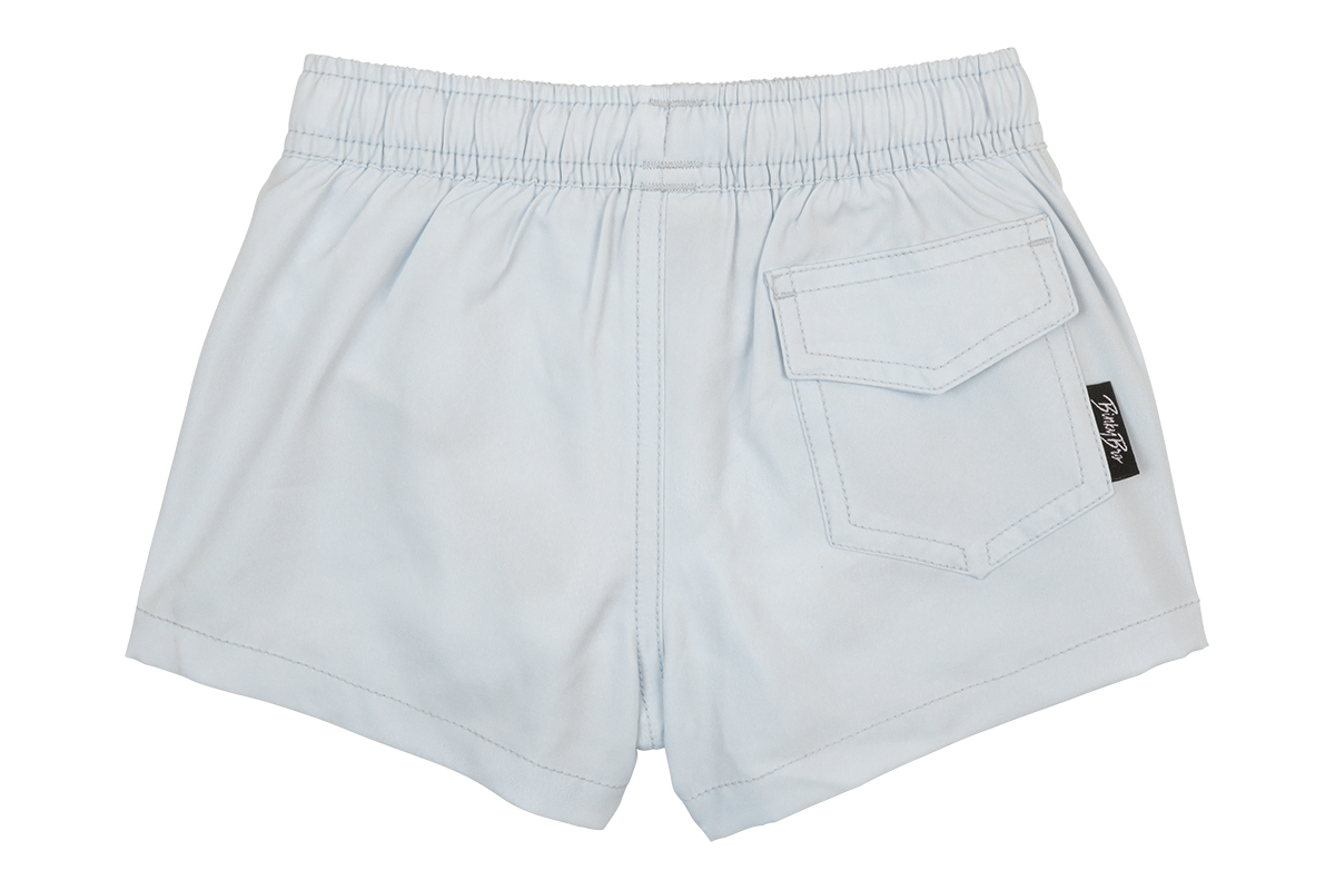 Light blue shorts with an elastic waistband and a back pocket, designed for infants and toddlers. Perfect for active play.
