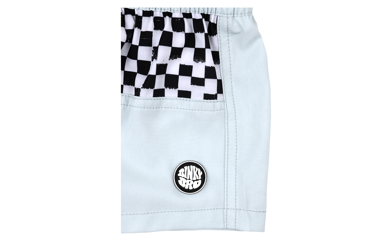 Light blue shorts featuring a black and white checkered waistband and a BinkyBro logo patch. Ideal for stylish kids.