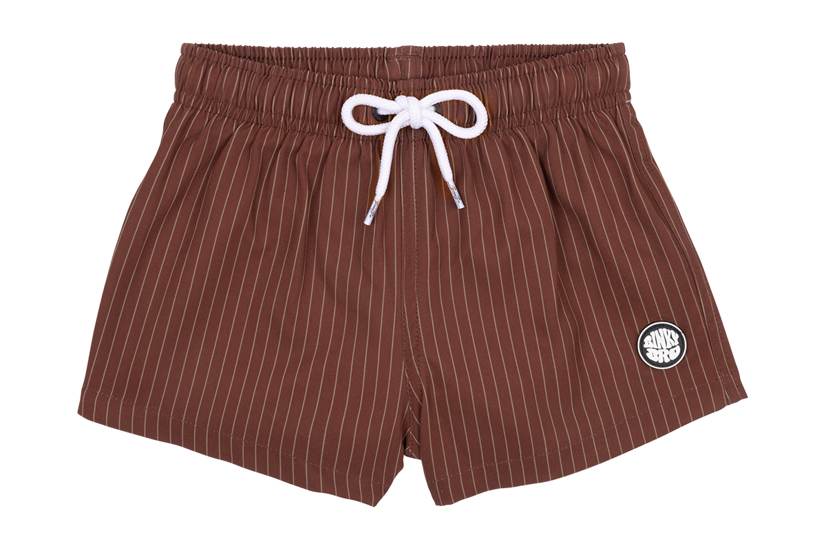 Brown striped swim shorts with an elastic waistband and white drawstring, featuring a logo on the lower left side.