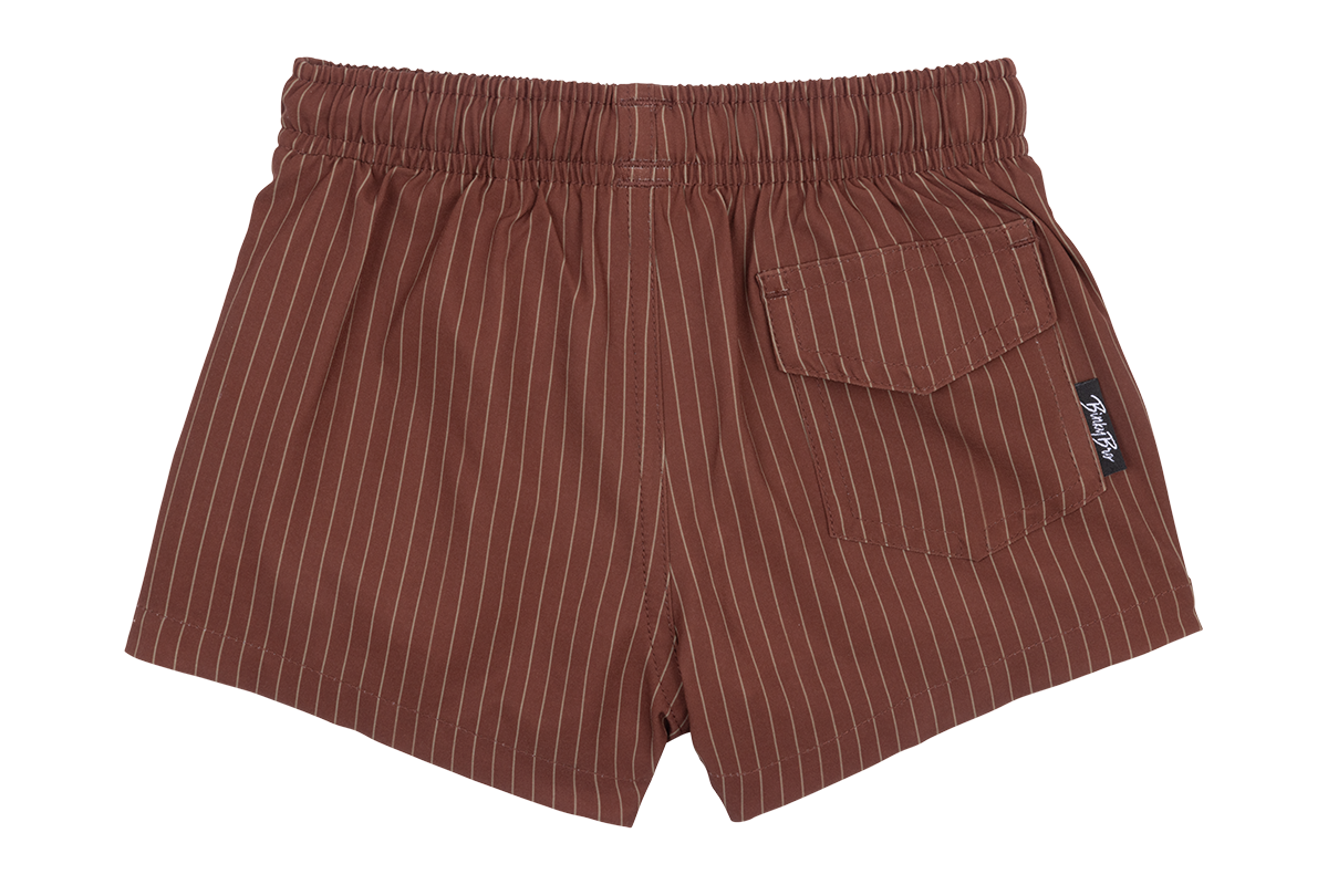 Brown striped swim shorts with an elastic waistband and a back pocket, designed for kids' active lifestyles.