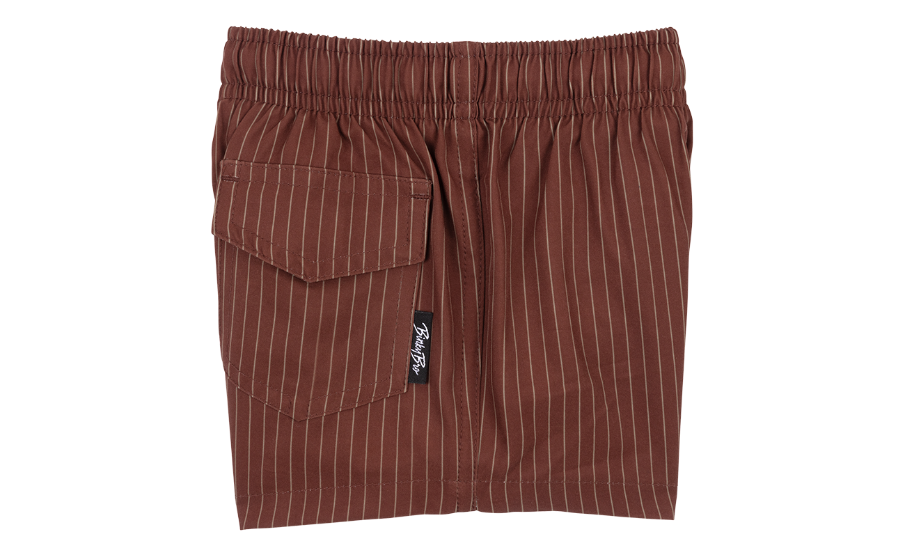 Brown striped shorts with an elastic waistband and a side pocket, designed for infants and toddlers.