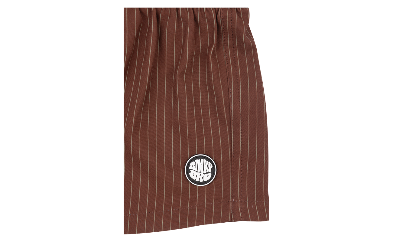 Brown striped shorts featuring the BinkyBro logo, designed for stylish comfort in kids' active wear.