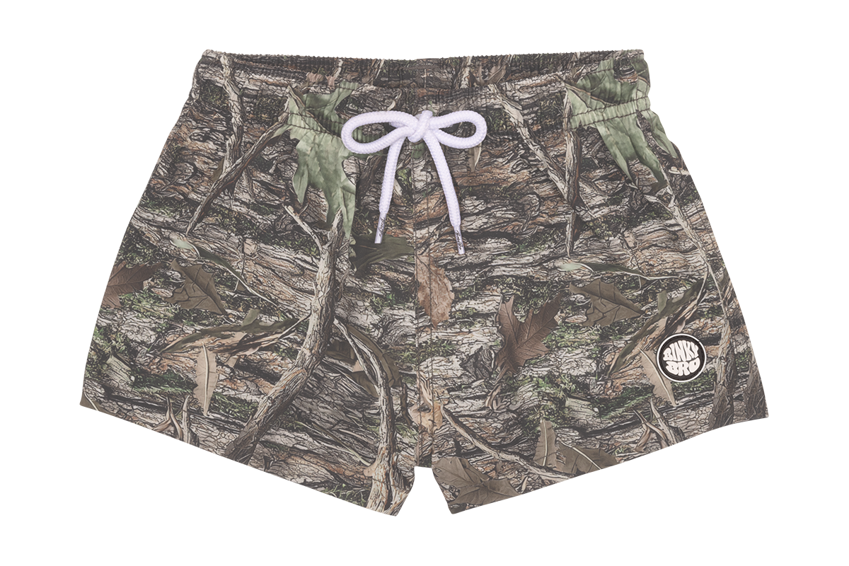 Stylish camo swim shorts with a drawstring waist and BinkyBro logo, perfect for active kids who love adventure.