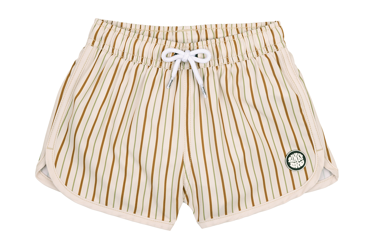 Stylish Hossegor swim shorts featuring vertical stripes in cream and brown, with an elastic waistband and logo patch.