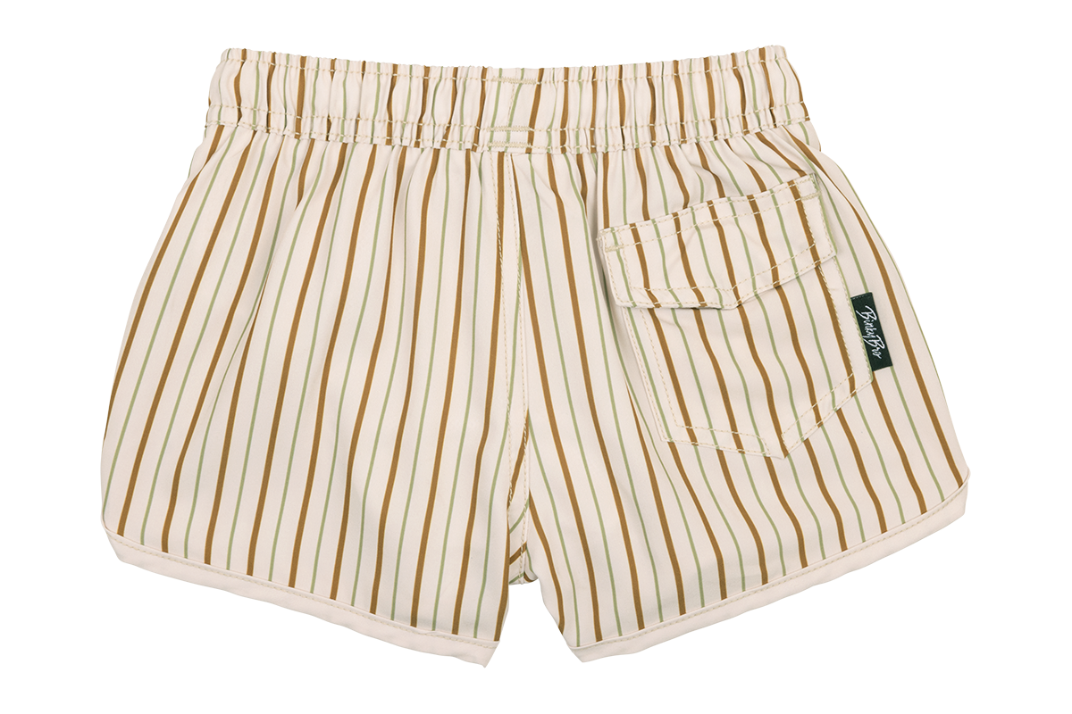 Stylish striped swim shorts for kids with an elastic waistband and a side pocket, perfect for beach days.