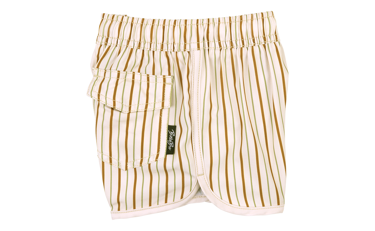 Stylish striped swim shorts for kids featuring a side pocket, perfect for beach or pool days. Ideal for active little ones.