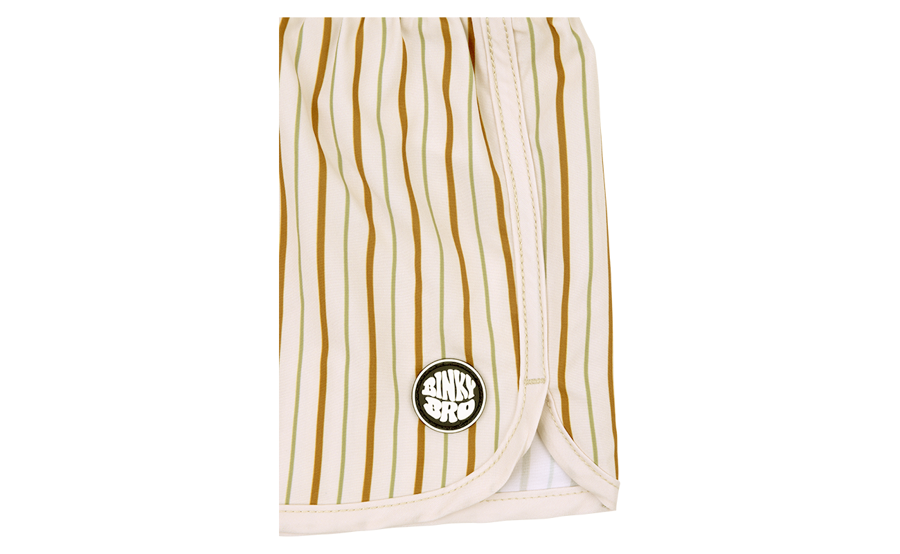 Stylish beige and gold striped sun hat with a BinkyBro logo, designed for infants and toddlers. Perfect for outdoor adventures.