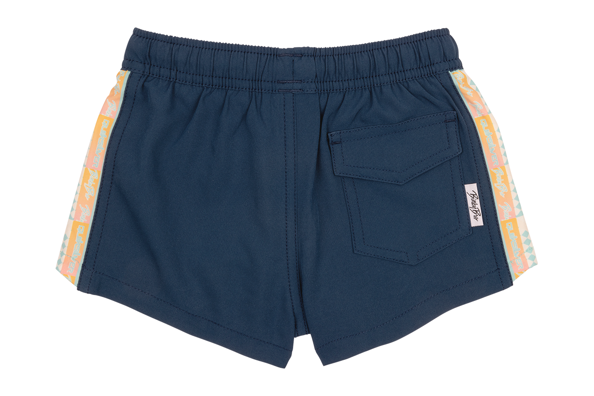 Navy blue swim shorts with a back pocket and colorful side stripes, designed for infants and toddlers.
