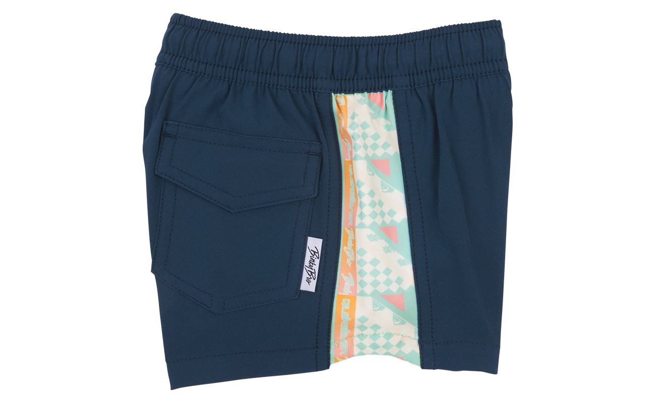 Navy swim shorts featuring a colorful side panel and a back pocket, designed for stylish comfort in water activities.
