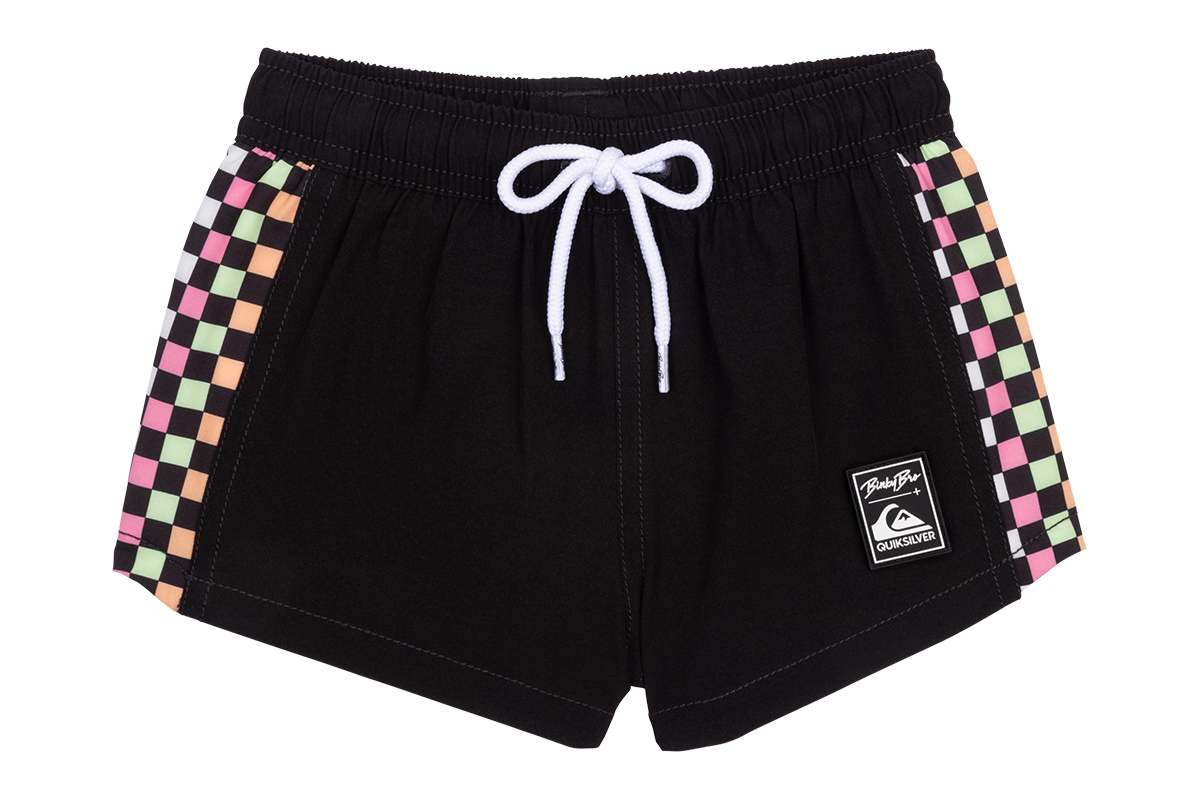 Stylish black shorts featuring colorful checkerboard side panels and a drawstring waist, perfect for active kids.