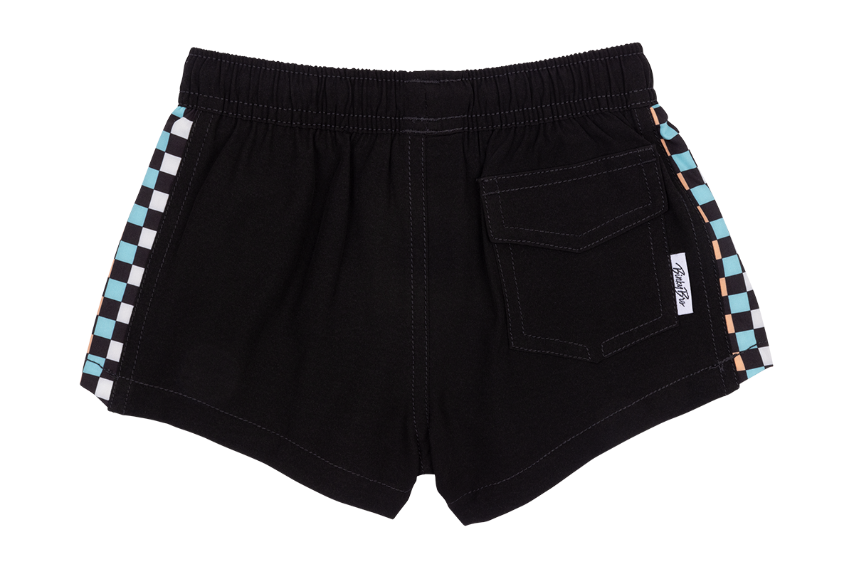 Black shorts featuring checkered side stripes and a back pocket, designed for a stylish, active youth lifestyle.