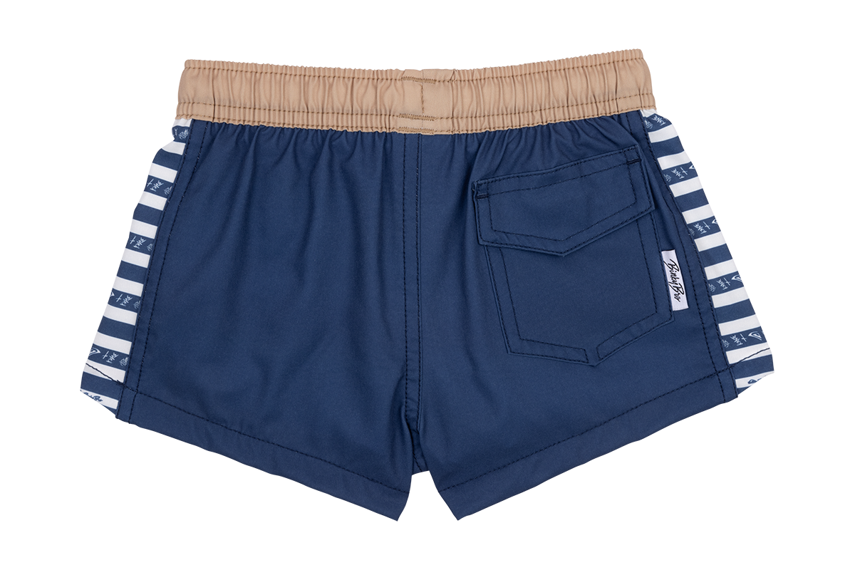 Navy swim shorts with a tan elastic waistband and striped side panels, featuring a back pocket for convenience.