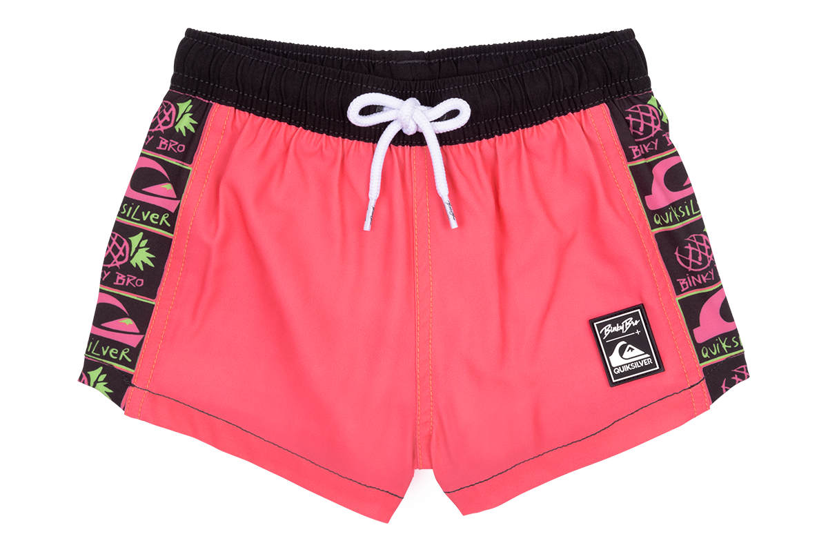 Stylish pink swim trunks featuring BinkyBro and Quiksilver logos, perfect for kids' beach and pool adventures.
