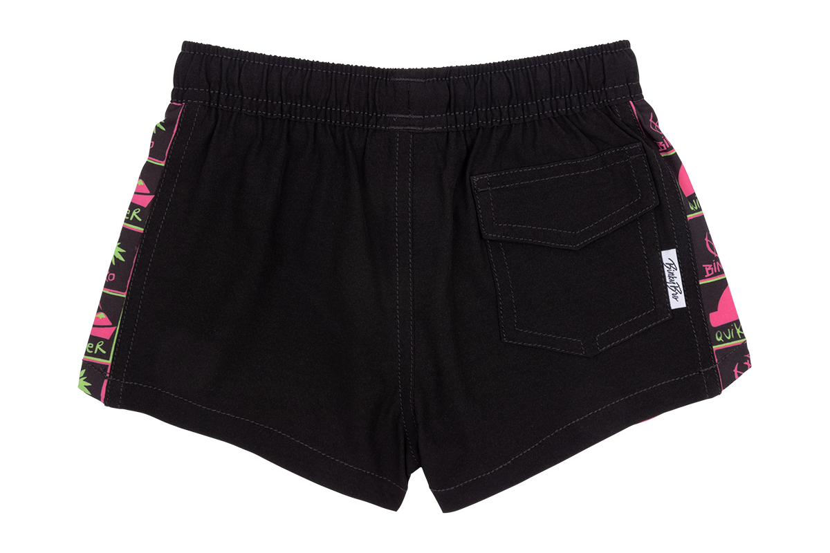 Black swim shorts featuring colorful side graphics and a back pocket, designed for stylish comfort in water activities.