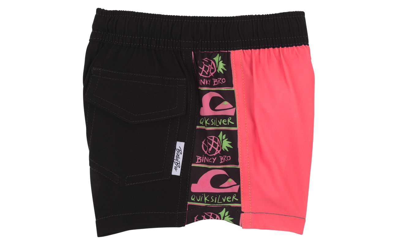Stylish BB x Quik Silver shorts featuring a black side pocket and vibrant coral panel with playful branding. Perfect for active kids.