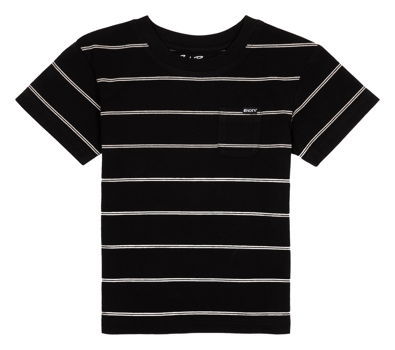 Black striped t-shirt for kids featuring white stripes and a small pocket, perfect for a stylish casual look.