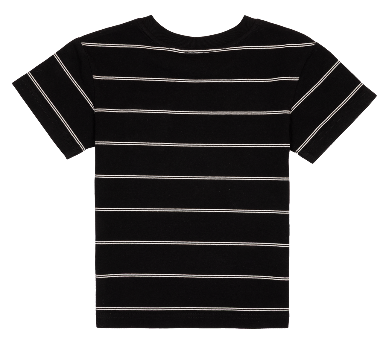 Stylish black t-shirt with white horizontal stripes, perfect for infants and toddlers. Ideal for casual wear.