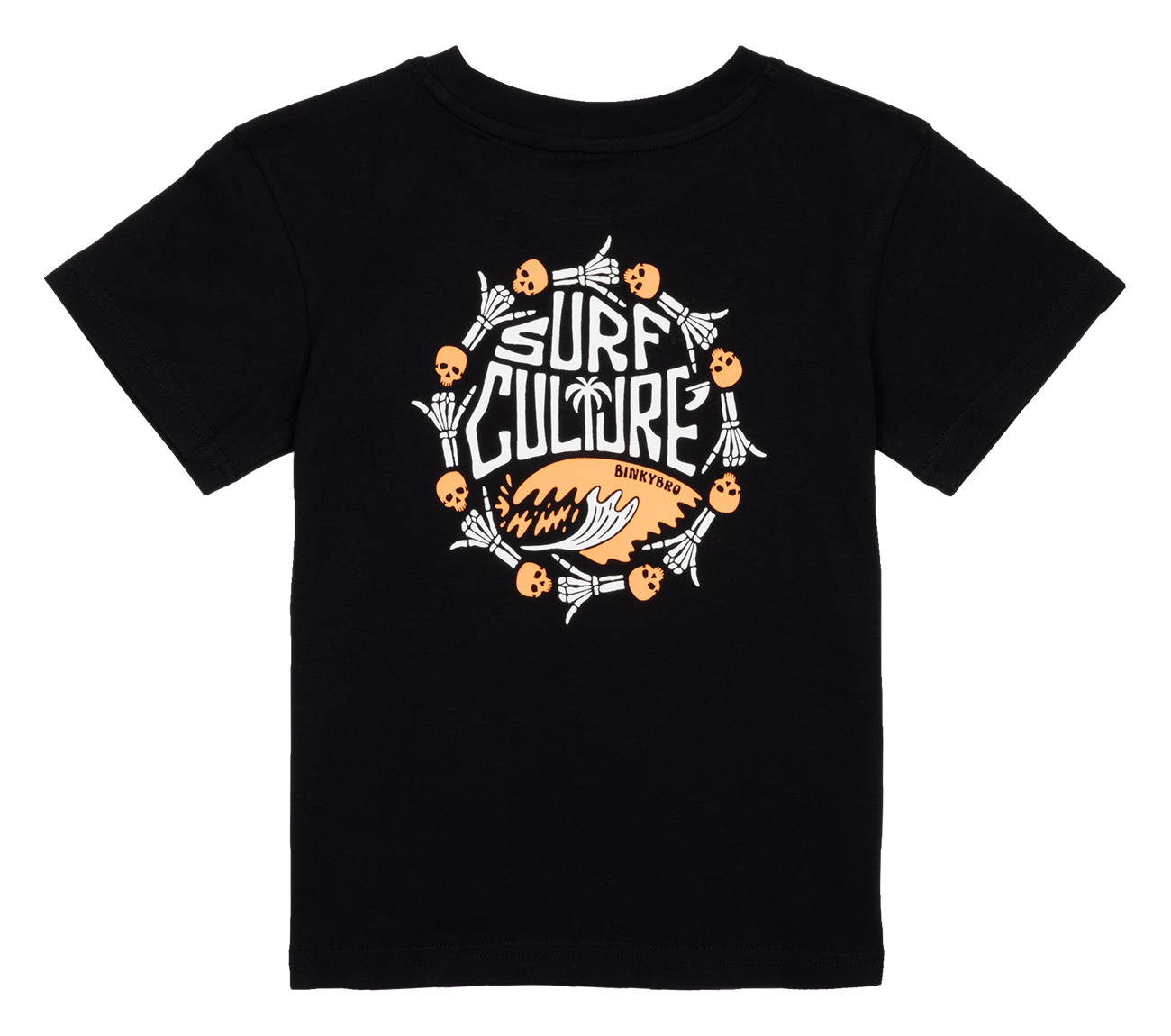 Black t-shirt featuring a vibrant "Surf Culture" graphic with skulls and surf elements, perfect for kids who love beach vibes.