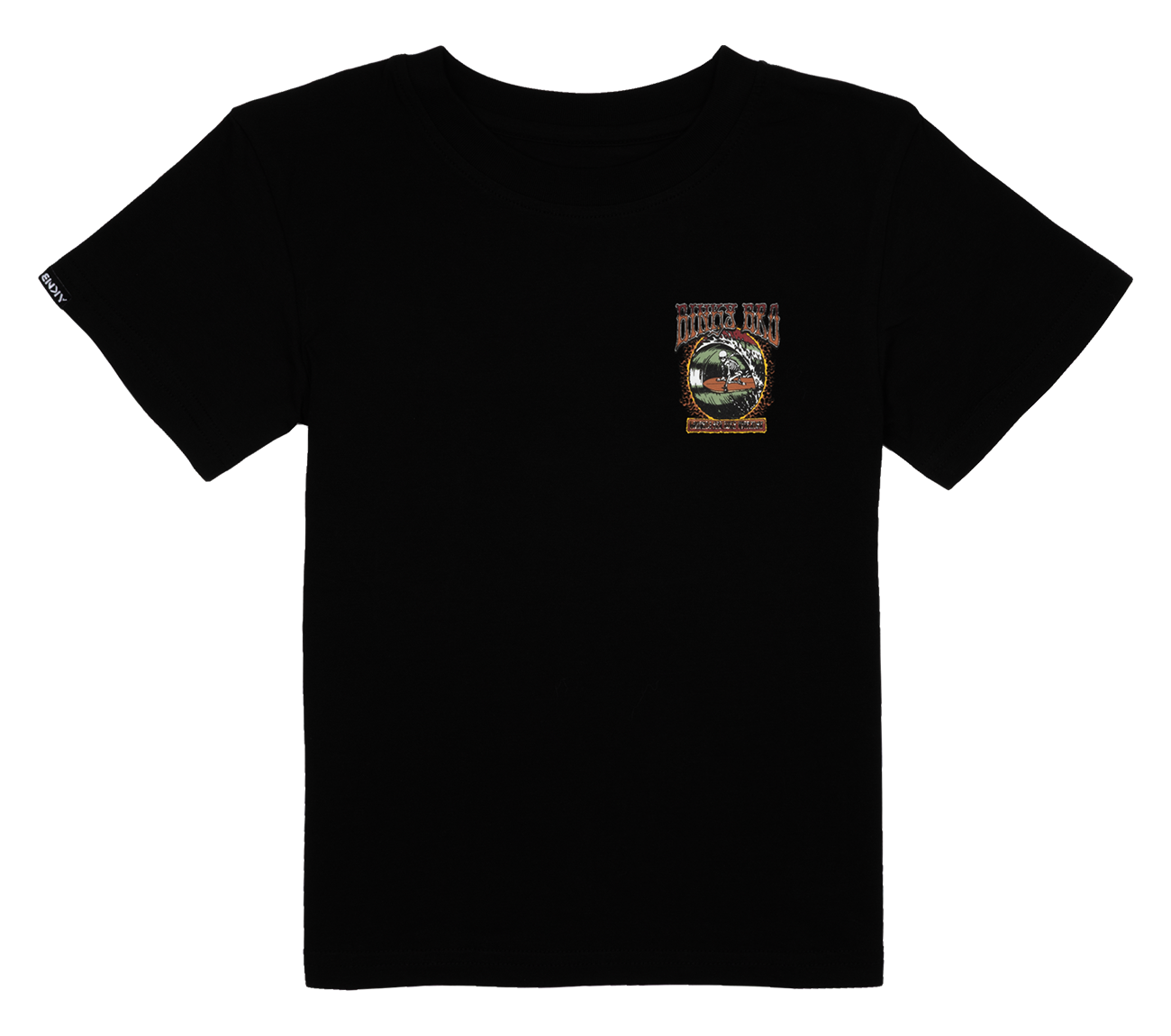 Black t-shirt featuring a colorful graphic design on the front, embodying a surf-snow-skate lifestyle for kids.