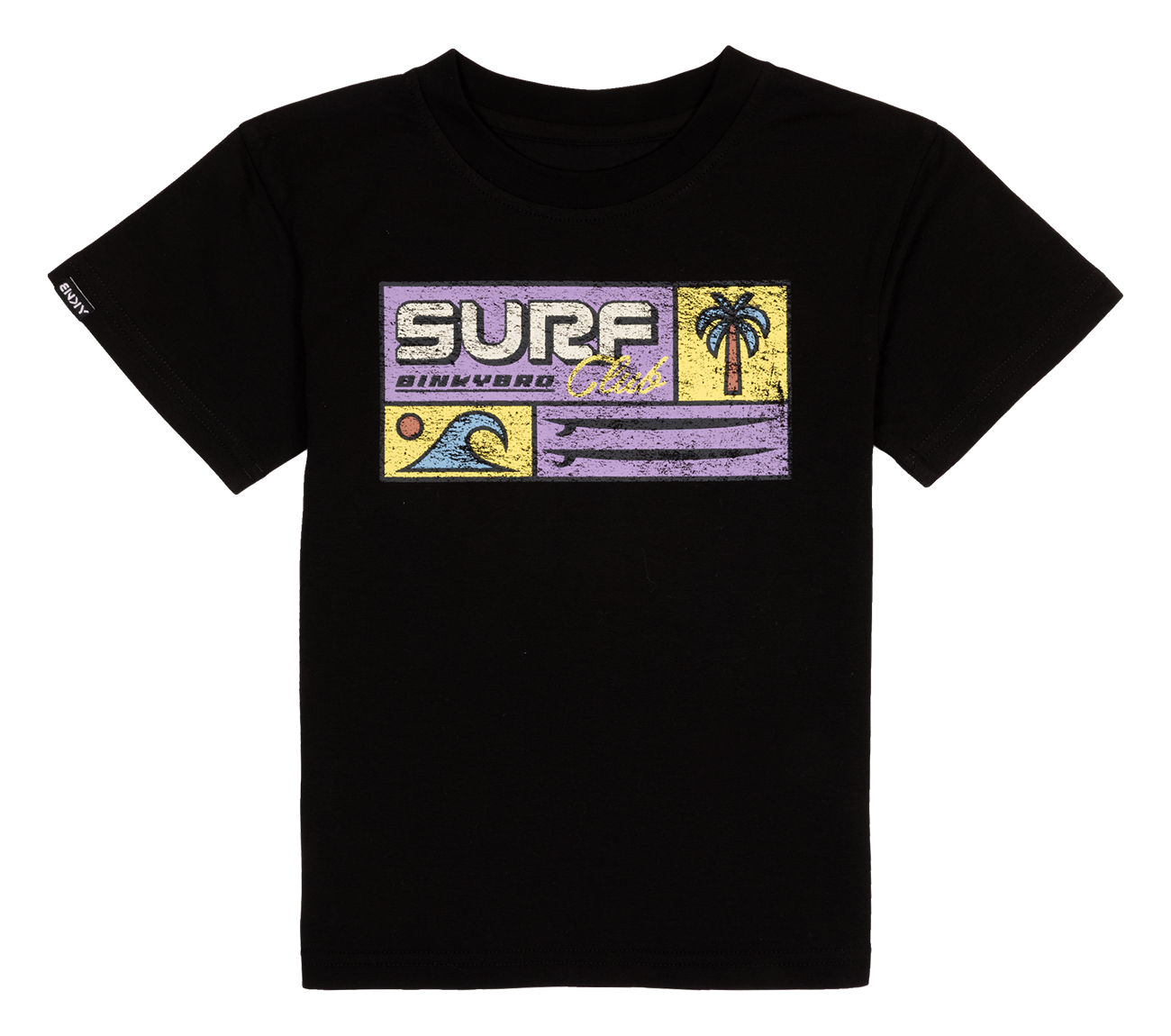 Black t-shirt featuring a retro surf graphic with palm trees and waves, ideal for kids who love surf culture.