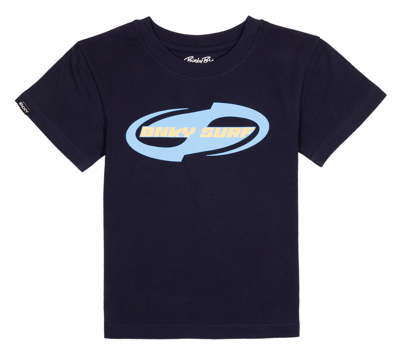 Navy blue t-shirt featuring a bold light blue "Binky Surf" logo, designed for infants and toddlers.