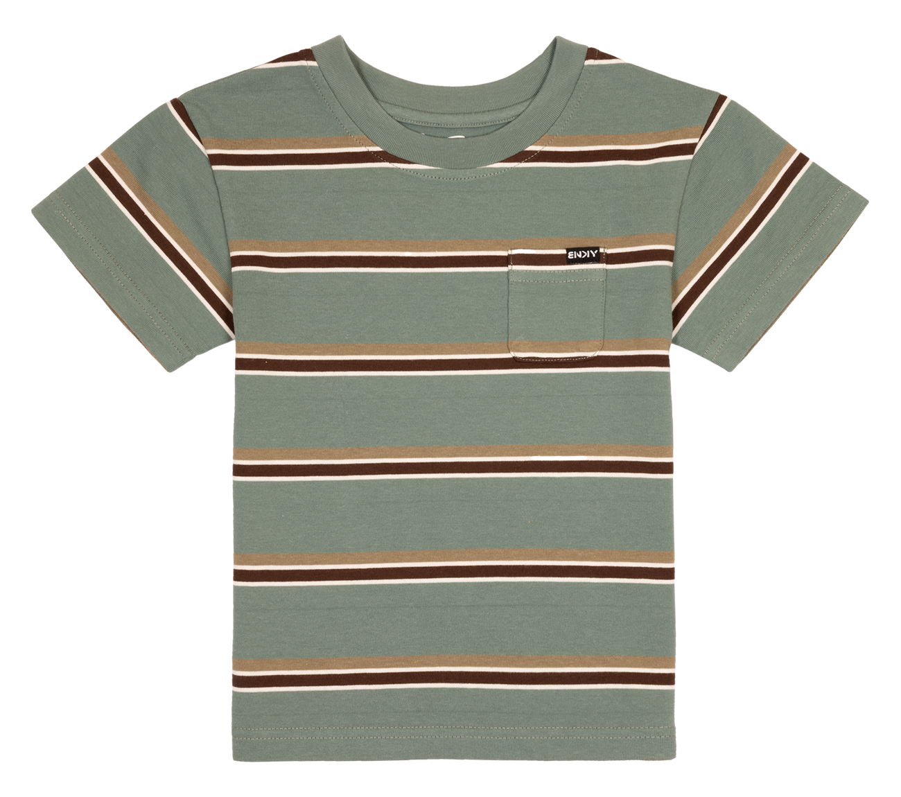 Green striped toddler t-shirt featuring brown and white stripes with a chest pocket, perfect for stylish casual wear.