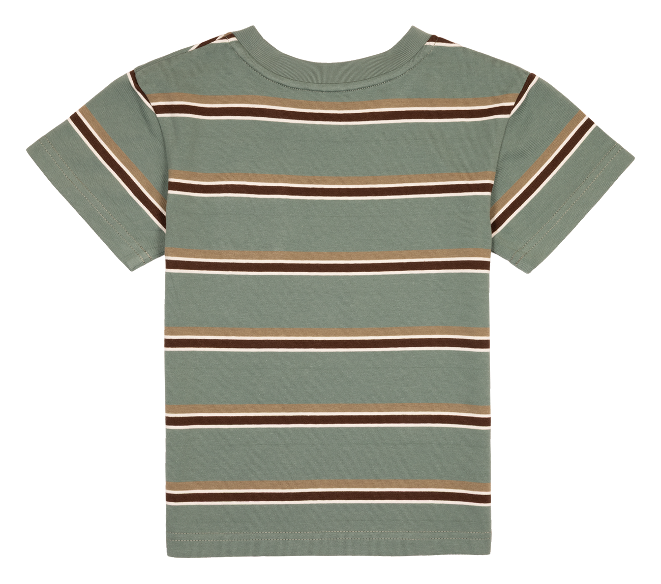 Back view of the Finley Stripes t-shirt featuring horizontal stripes in earthy tones on a muted green background.