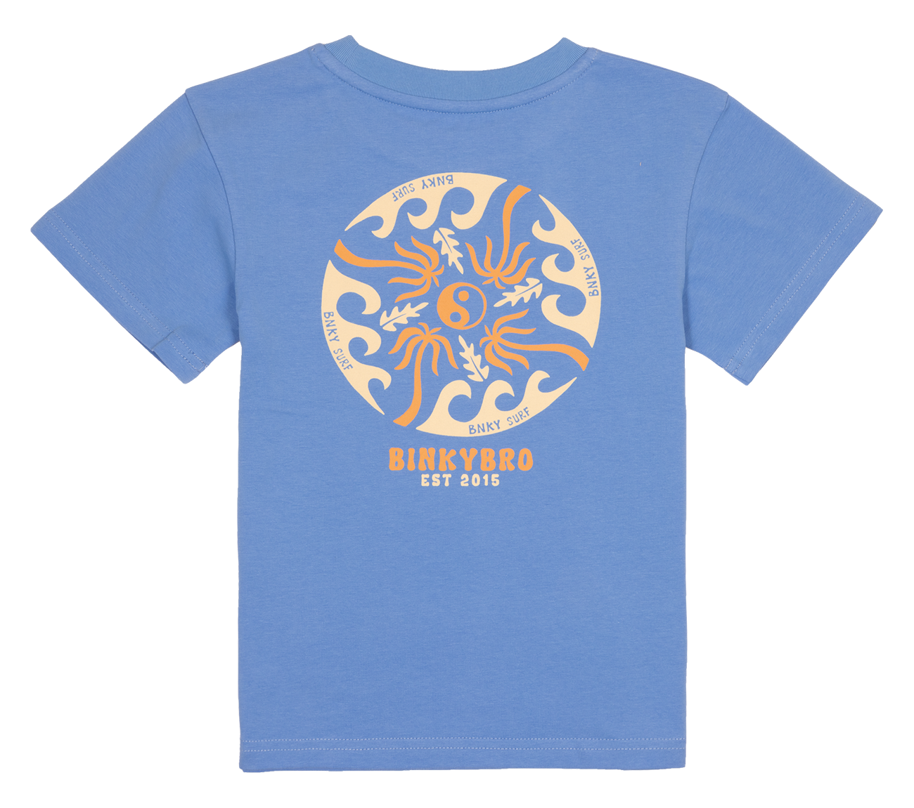 Blue youth t-shirt featuring a circular sun and wave graphic with "BinkyBro" and "Est 2015" text on the back.