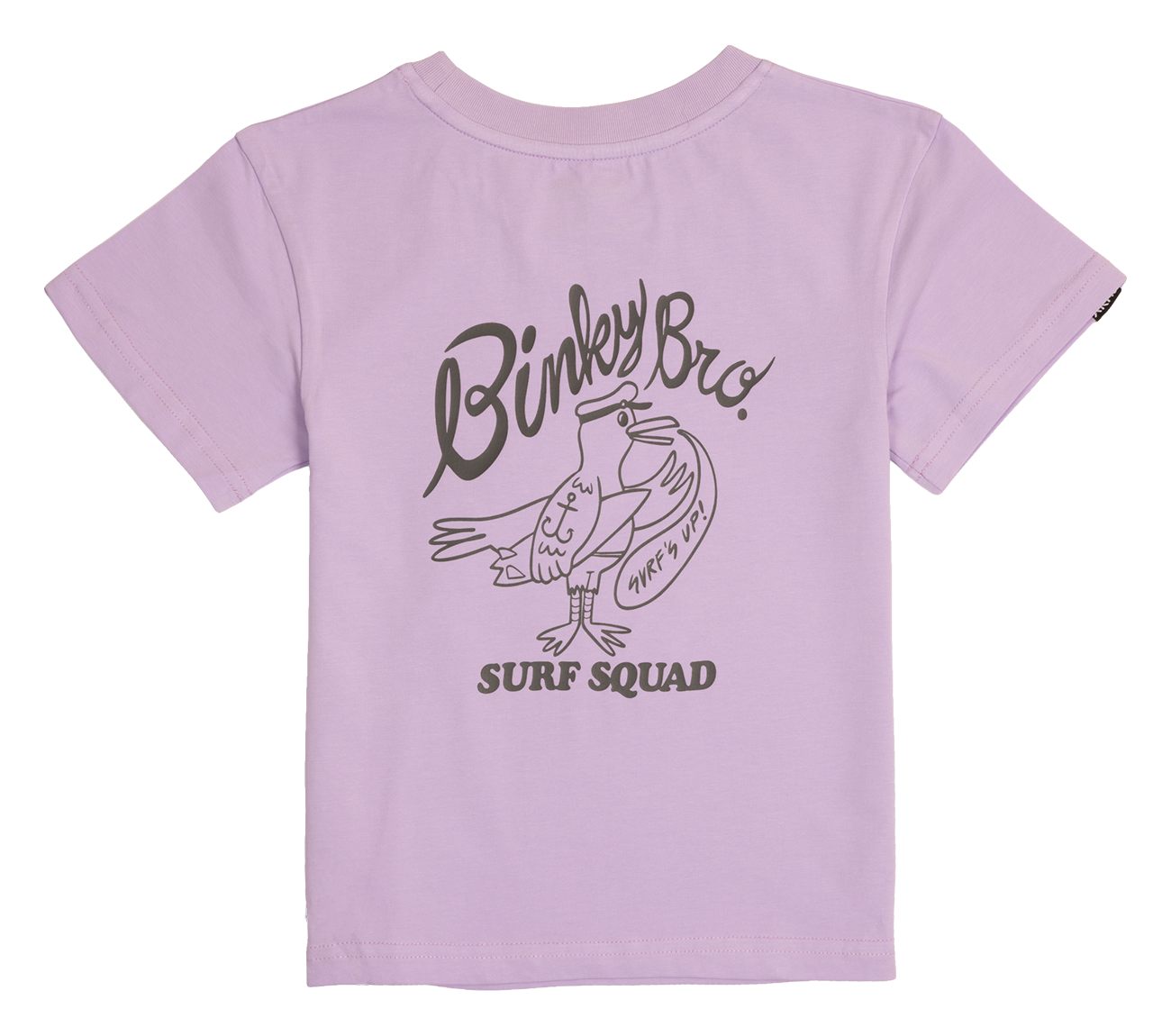 Light purple t-shirt featuring a playful bird graphic and "Binky Bro Surf Squad" text, designed for kids.
