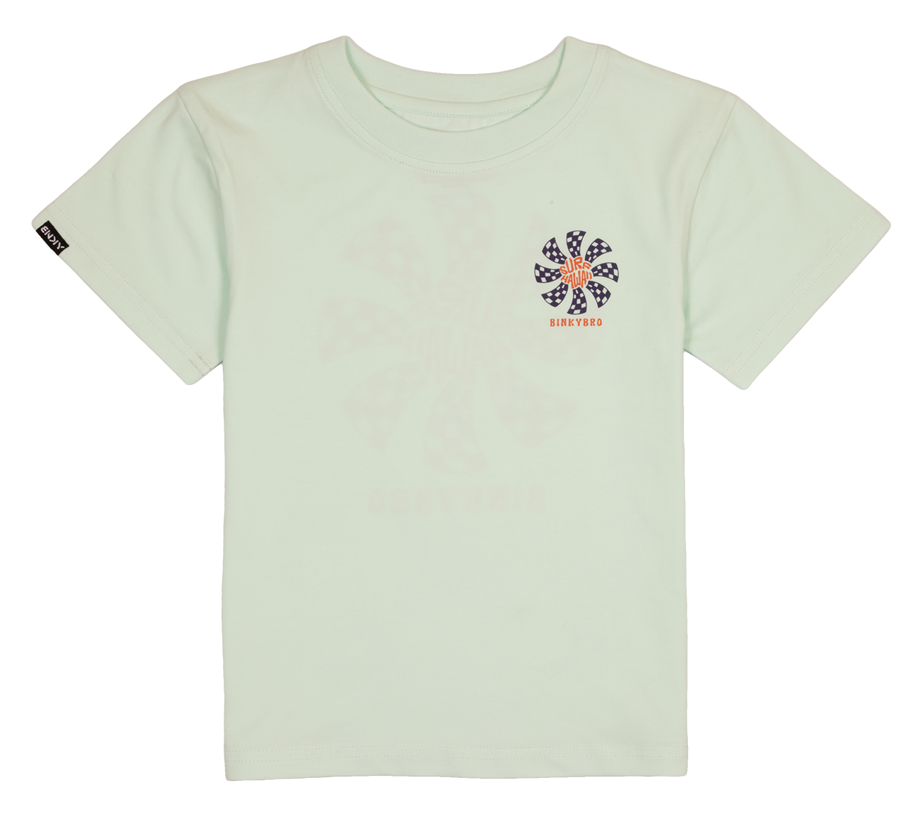 Light mint green t-shirt featuring a colorful windmill design and the word "Biketeo," ideal for kids' casual wear.