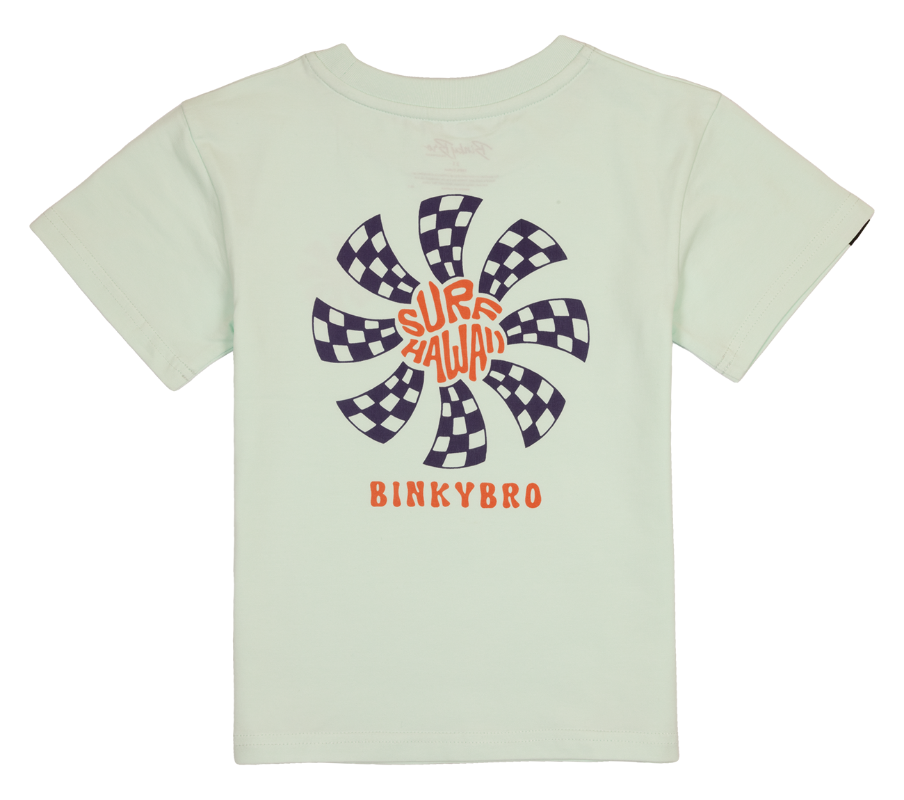 Light green kids' t-shirt featuring a colorful spiral graphic with "Surf Hawaii" and "BinkyBro" text. Perfect for active youth.