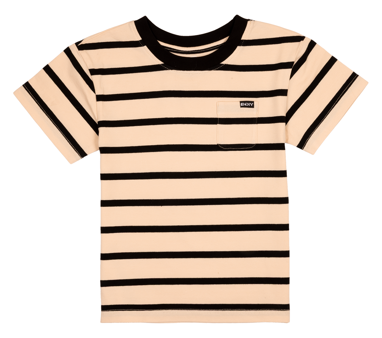 Stylish striped t-shirt for kids featuring a pocket and contrast collar, perfect for casual wear.