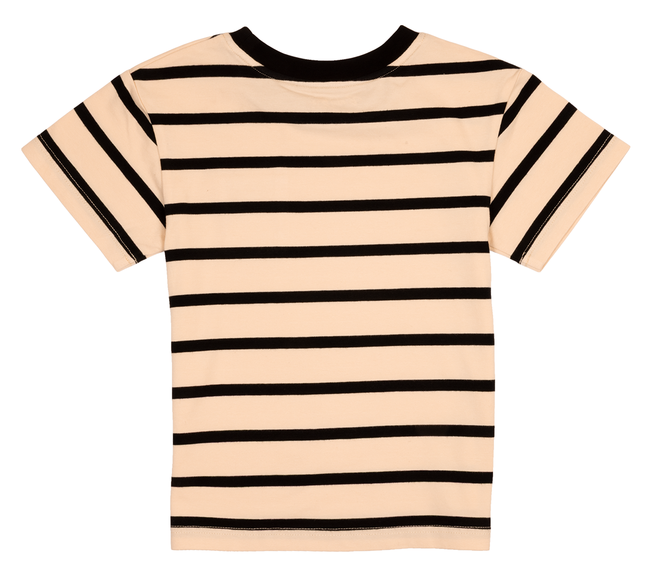 Back view of a striped short-sleeve shirt for kids, featuring alternating black and beige stripes.