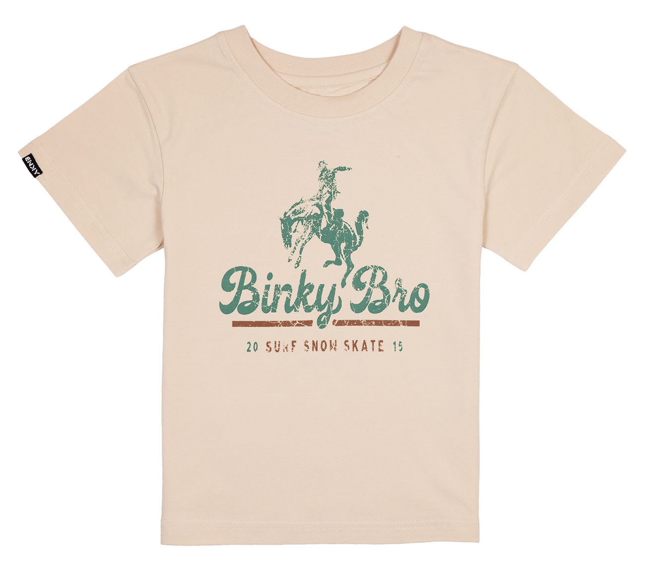 Light beige BinkyBro t-shirt featuring a vintage-style graphic of a cowboy on a horse with surf and skate elements.